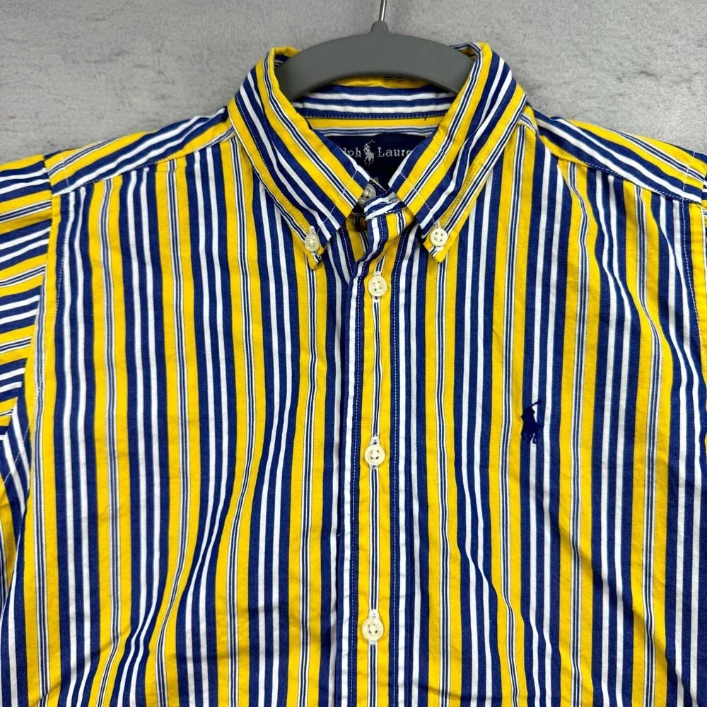 Ralph Lauren Casual Shirt Boys 6 Blue Yellow Striped Pony Oxford Button Down